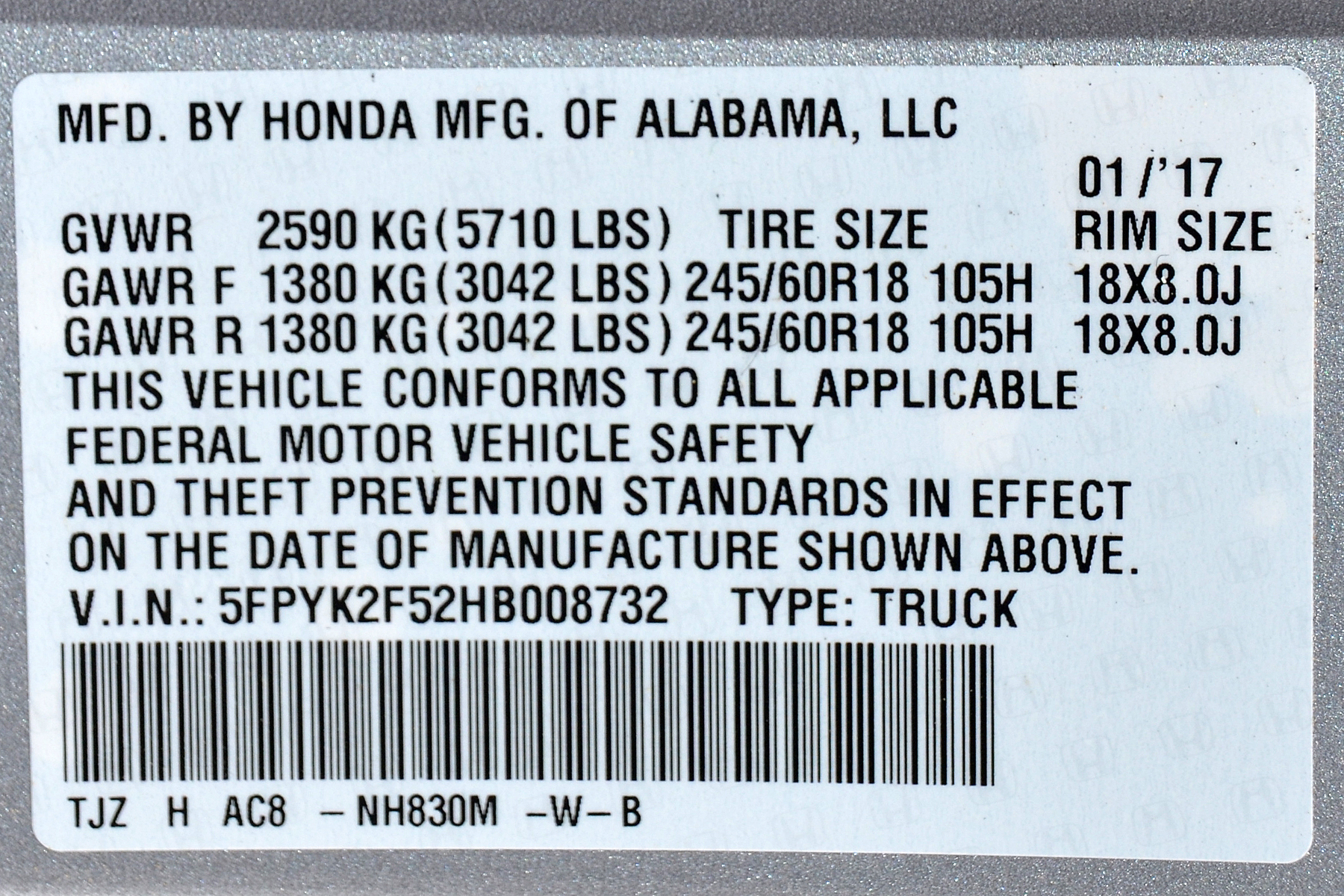 2017 HONDA RIDGELINE crash image