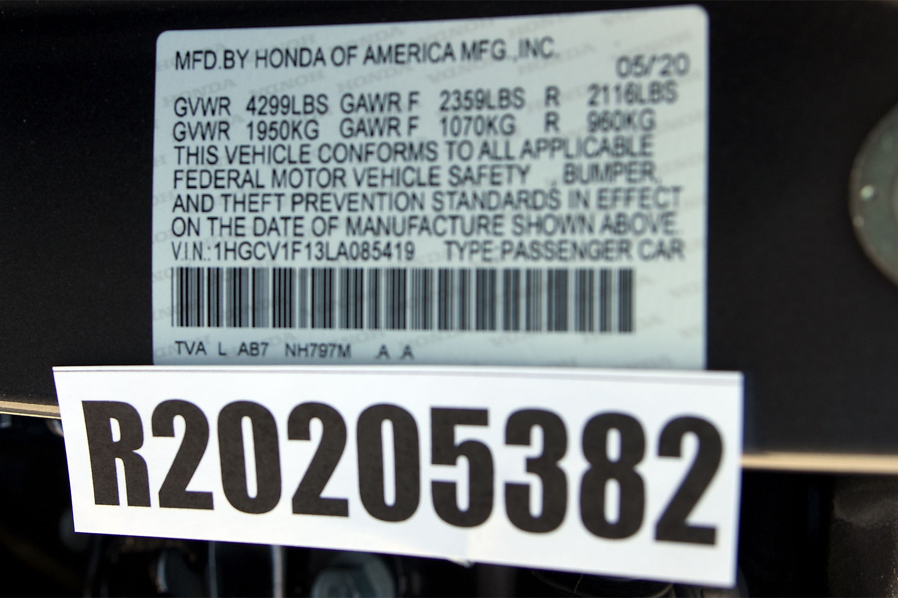 2020 HONDA ACCORD crash-test photo