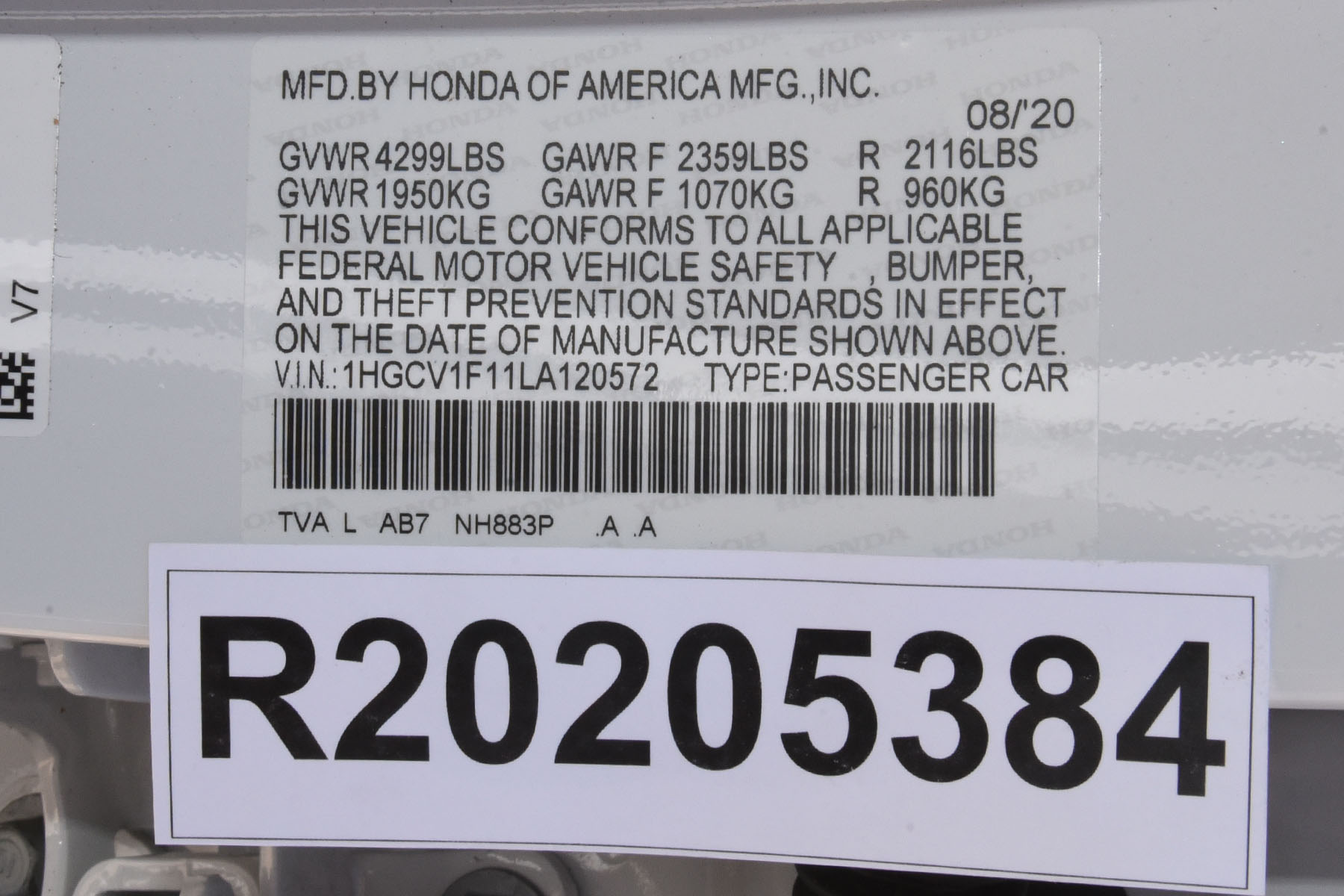 2020 HONDA ACCORD crash image