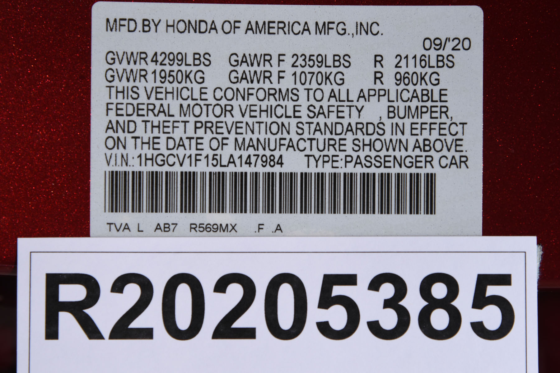2020 HONDA ACCORD crash-test photo