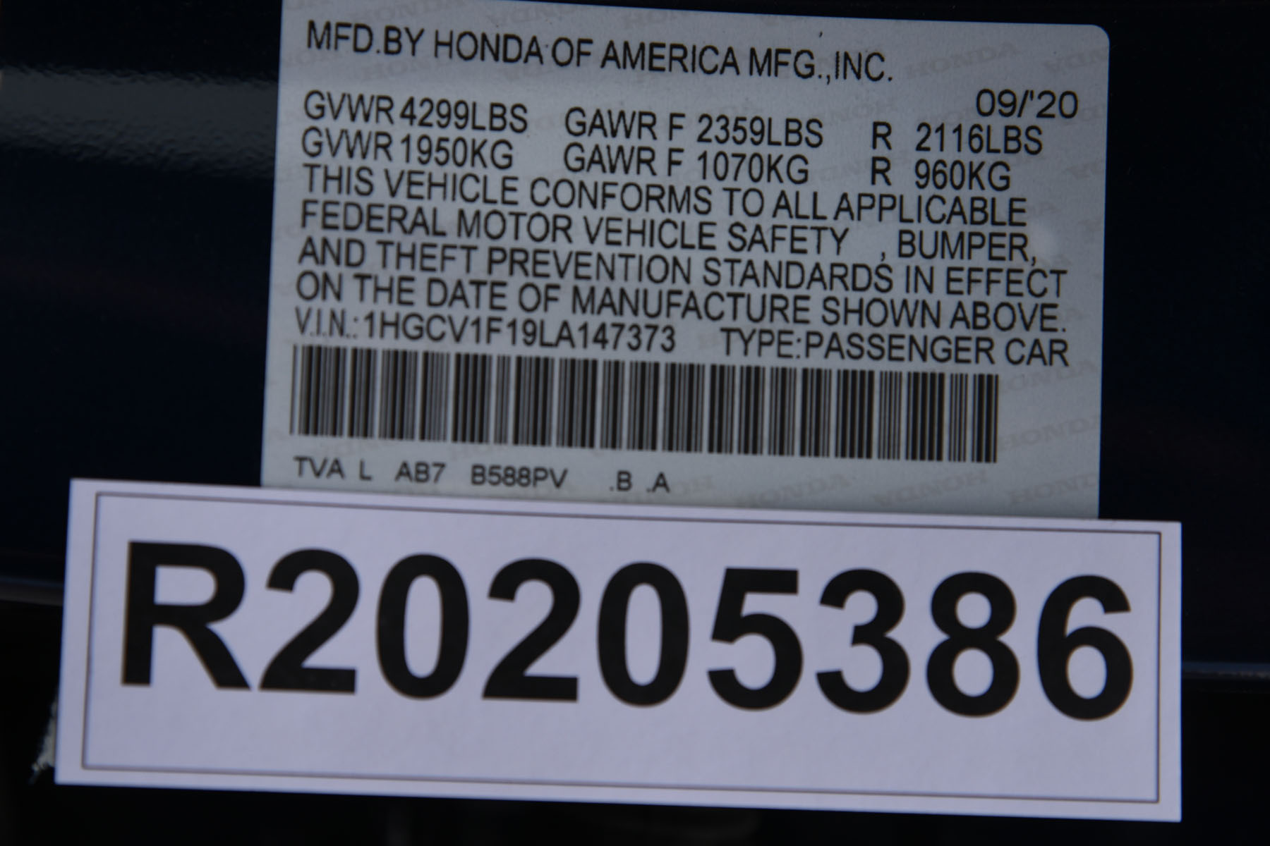 2020 HONDA ACCORD crash-test photo