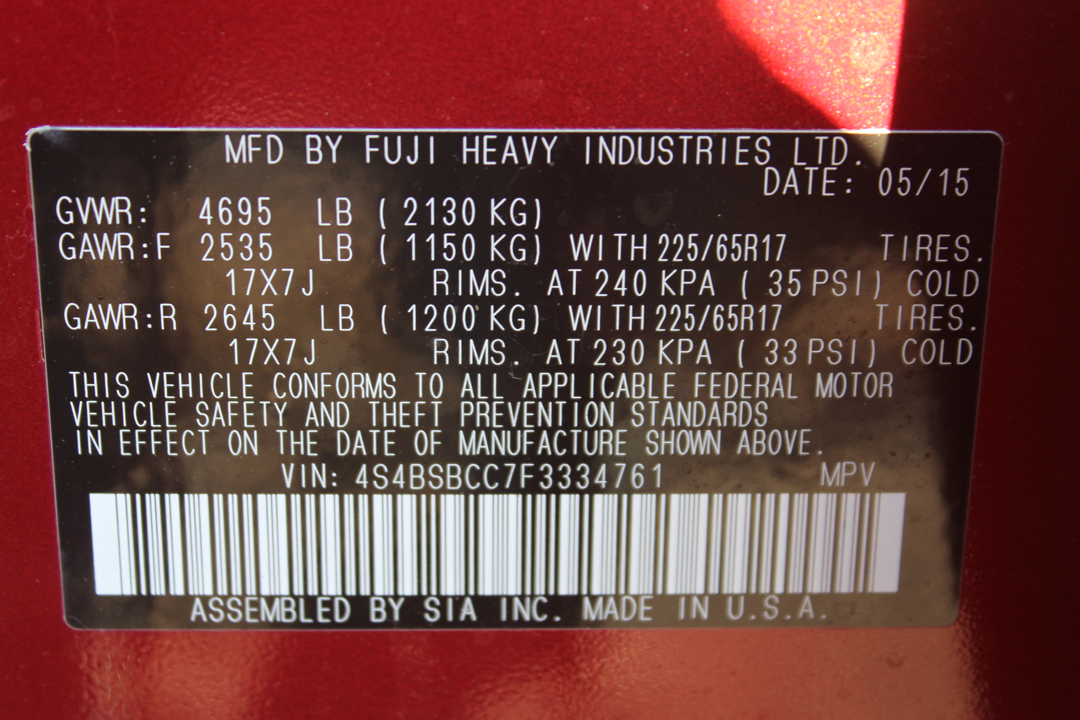 2015 SUBARU OUTBACK crash image
